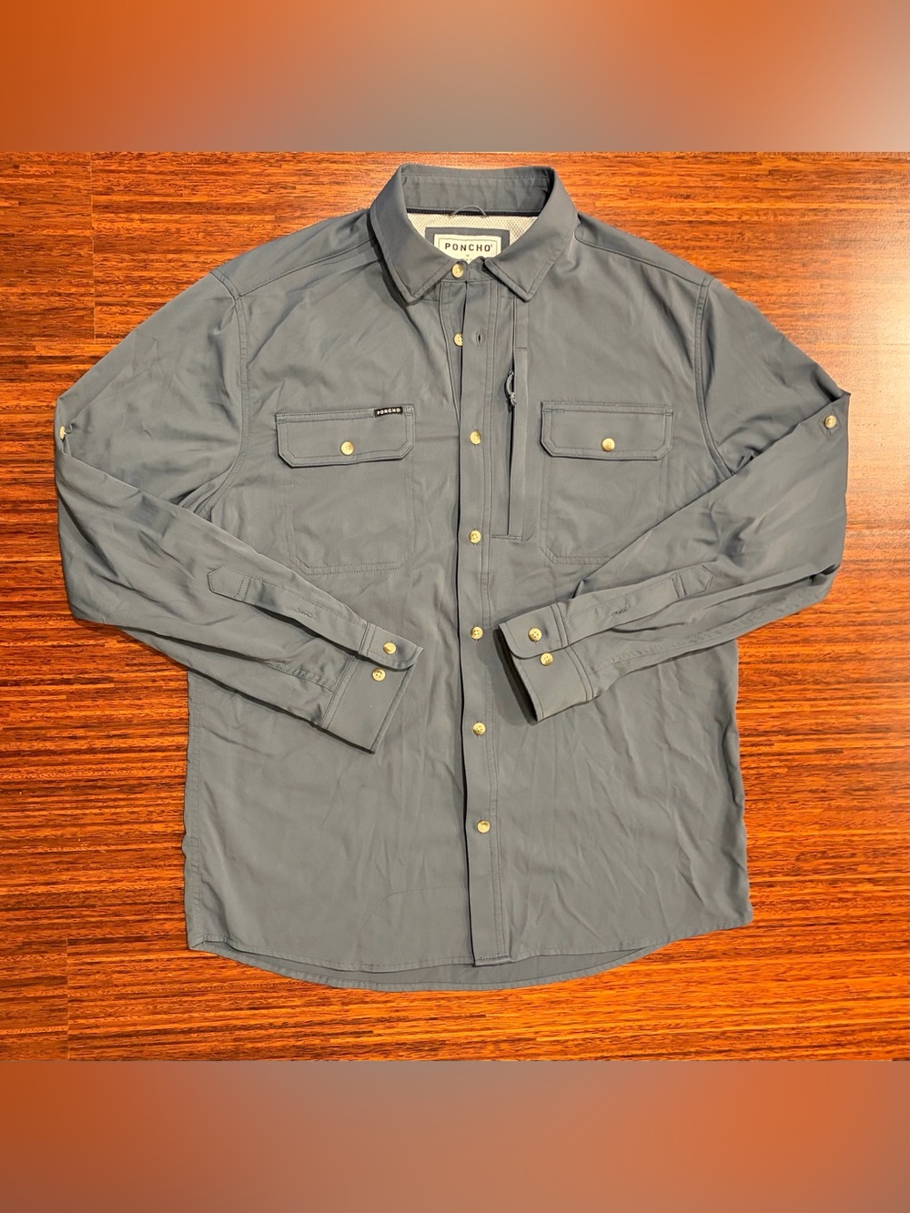 Poncho Outdoors Shirt Mens Medium Slate Blue Short Sleeve Slim Fit Stretch Tech